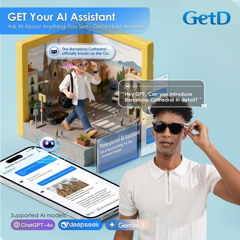 GetD 2026 AI Glasses for Men & Women, Smart Glasses Powered by ChatGPT, AI Real-time Translation with 145 Languages, 11H Music Play, Bluetooth Sunglasses with Polarized Lens, UV Protection for Travel - Image 4